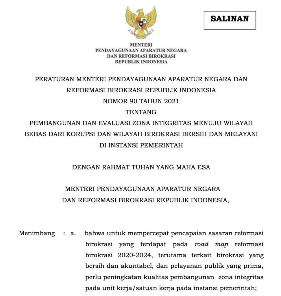 Peraturan Menteri Pendayagunaan Aparatur Negara dan Reformasi Birokrasi (Permen PANRB) Nomor 90 Tahun 2021