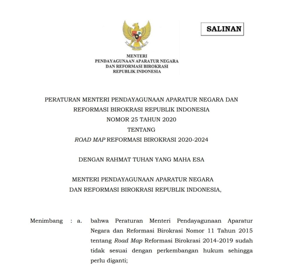 Peraturan Menteri Pendayagunaan Aparatur Negara dan Reformasi Birokrasi (Permen PANRB) Nomor 25 Tahun 2020