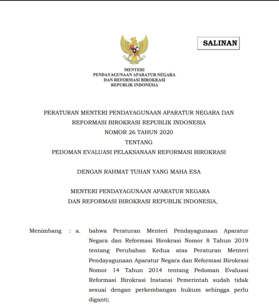 Peraturan Menteri Pendayagunaan Aparatur Negara dan Reformasi Birokrasi (Permen PANRB) Nomor 26 Tahun 2020