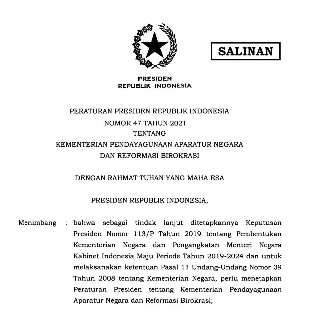 Peraturan Presiden (PERPRES) Nomor 47 Tahun 2021 tentang Peraturan Kementerian 