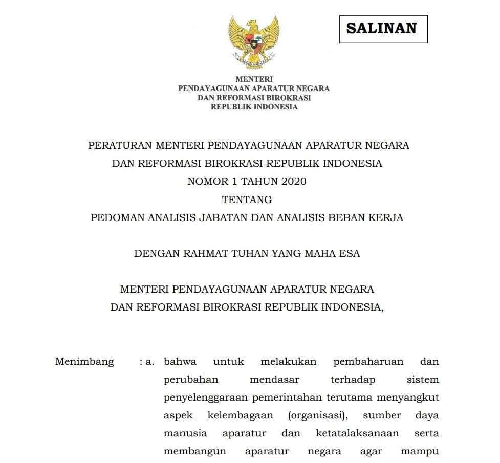 Peraturan Menteri Pendayagunaan Aparatur Negara dan Reformasi Birokrasi (Permen PANRB) Nomor 1 Tahun 2020