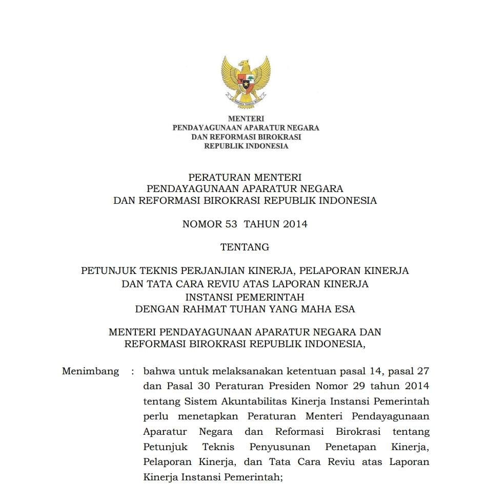 Peraturan Menteri Pendayagunaan Aparatur Negara dan Reformasi Birokrasi (Permen PANRB) Nomor 53 Tahun 2014