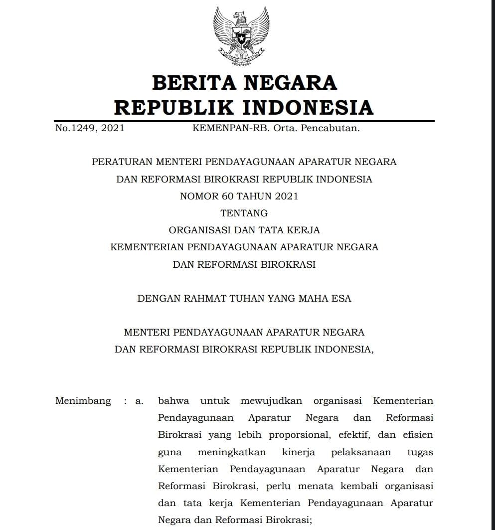 Peraturan Menteri Pendayagunaan Aparatur Negara dan Reformasi Birokrasi (Permen PANRB) Nomor 60 Tahun 2021