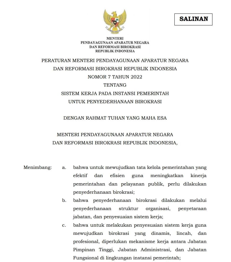 Peraturan Menteri Pendayagunaan Aparatur Negara dan Reformasi Birokrasi (Permen PANRB) Nomor 7 Tahun 2022