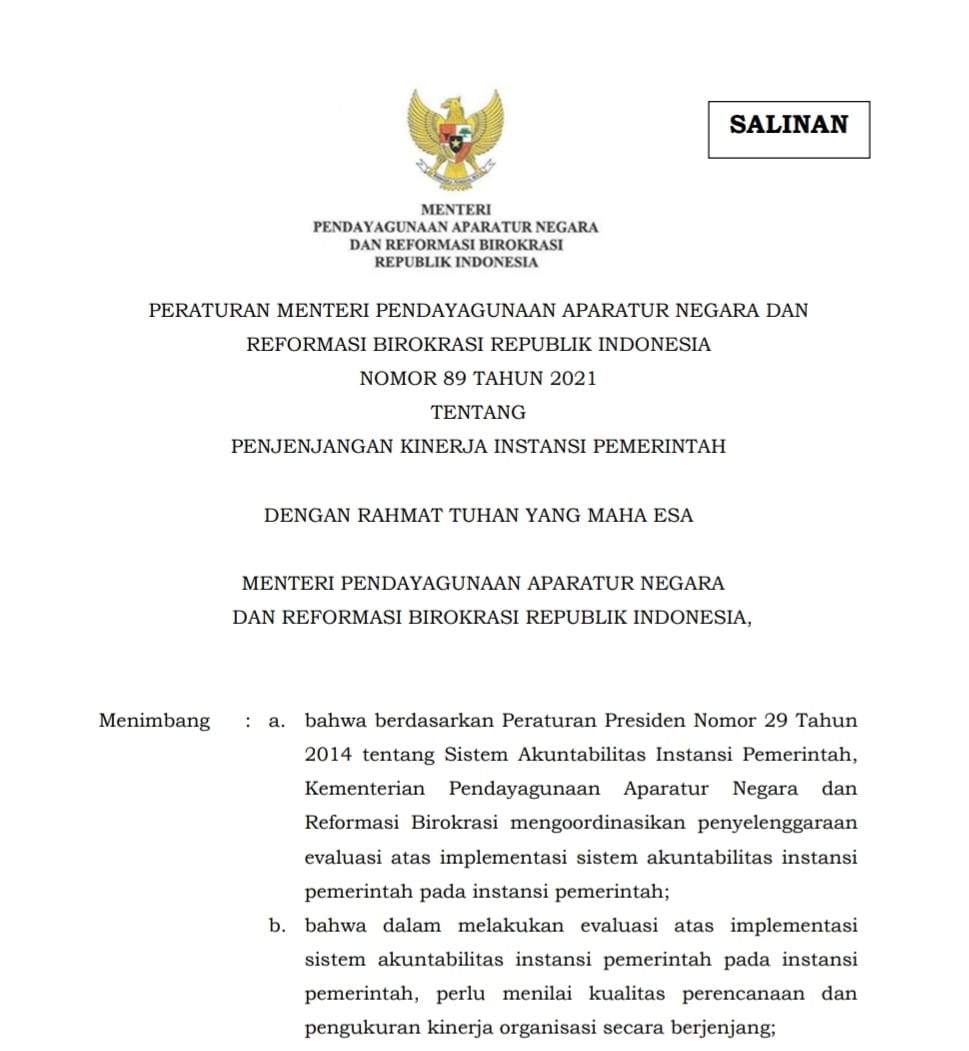 Peraturan Menteri Pendayagunaan Aparatur Negara dan Reformasi Birokrasi Nomor 89 Tahun 2021
