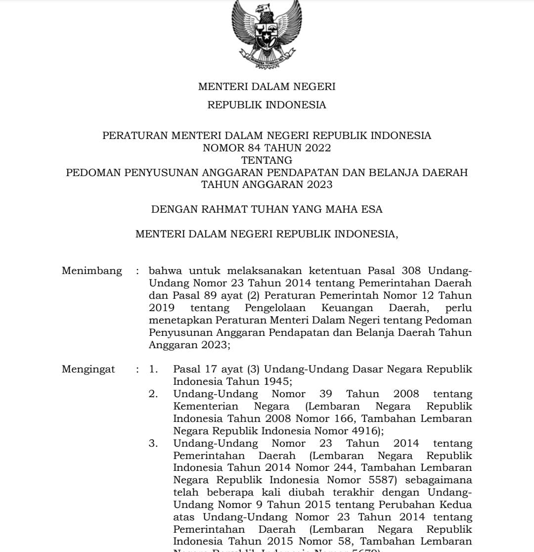 Peraturan Kementerian Dalam Negeri (Permendagri) Nomor 84 Tahun 2022