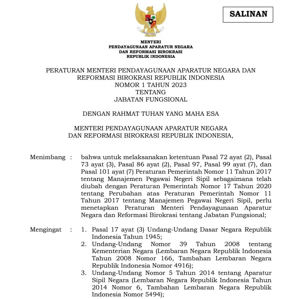 Peraturan Menteri Pendayagunaan Aparatur Negara dan Reformasi Birokrasi Nomor 1 Tahun 2023