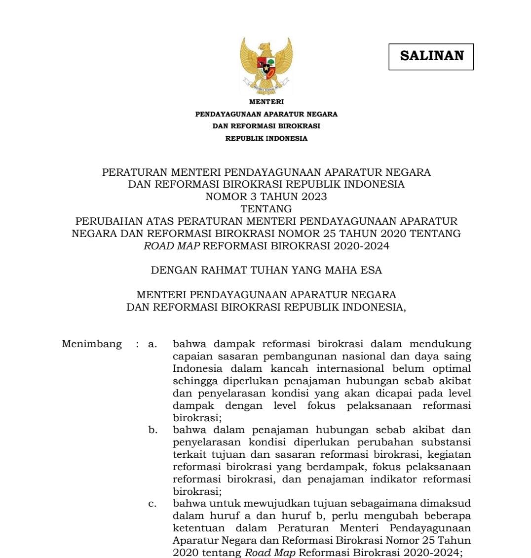 Peraturan Menteri Pendayagunaan Aparatur Negara dan Reformasi Birokrasi Republik Indonesia Nomor 3 Tahun 2023
