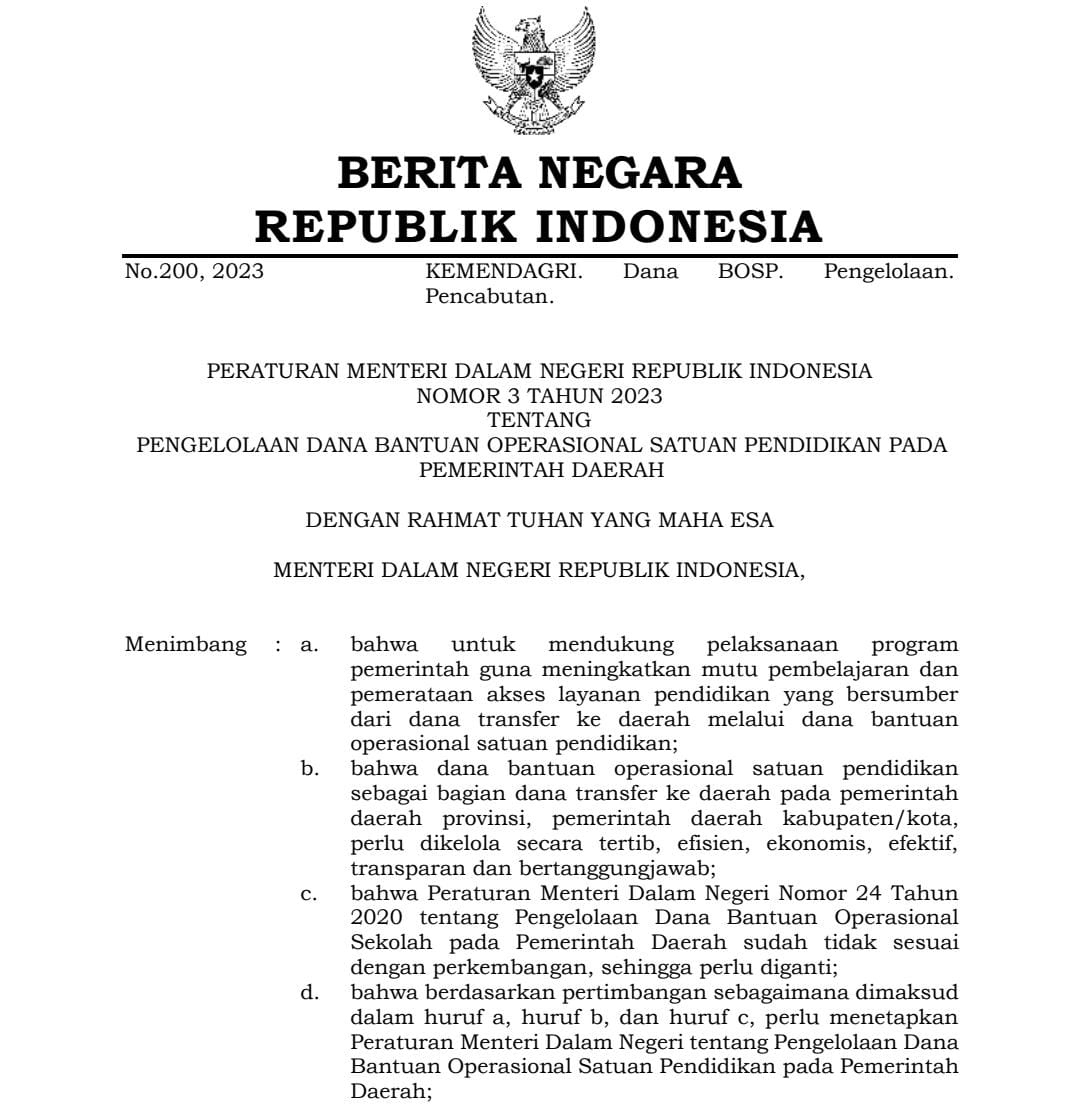 Peraturan Kementerian Dalam Negeri (Permendagri) Nomor 3 Tahun 2023