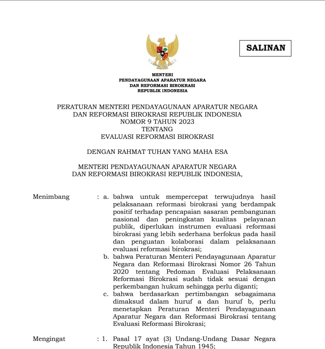 Peraturan Menteri Pendayagunaan Aparatur Negara dan Reformasi Birokrasi Republik Indonesia Nomor 9 Tahun 2023