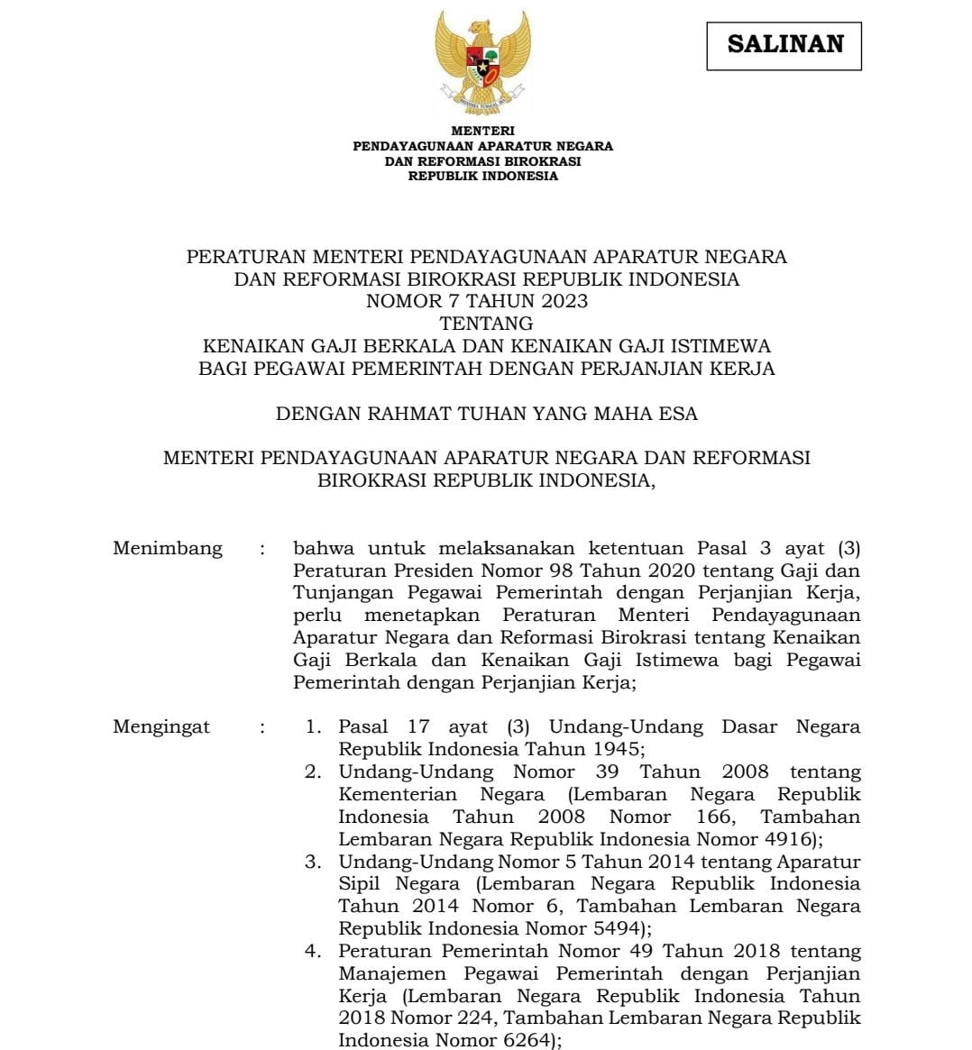 Peraturan Menteri Pendayagunaan Aparatur Negara dan Reformasi Birokrasi Republik Indonesia Nomor 7 Tahun 2023