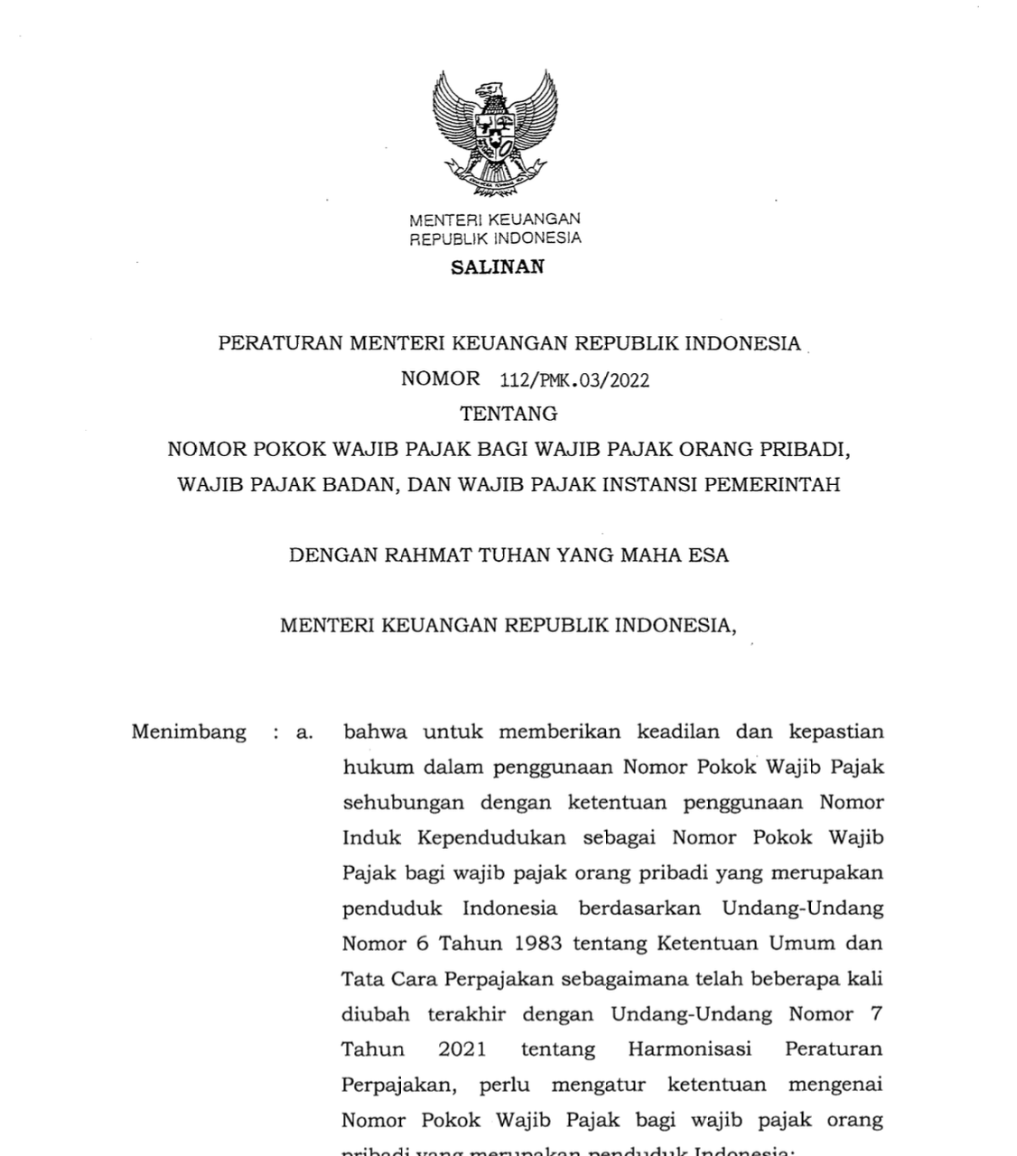 Peraturan Menteri Keuangan Nomor 112/PMK.03/2022