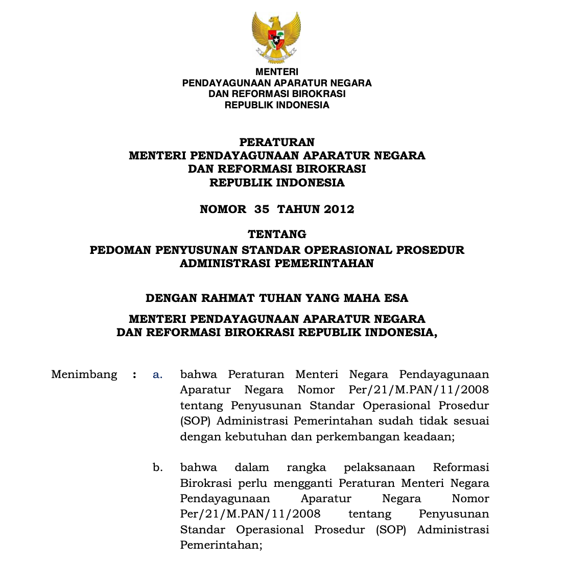Peraturan Menteri Pendayagunaan Aparatur Negara dan Reformasi Birokrasi Republik Indonesia Nomor 35 Tahun 2012